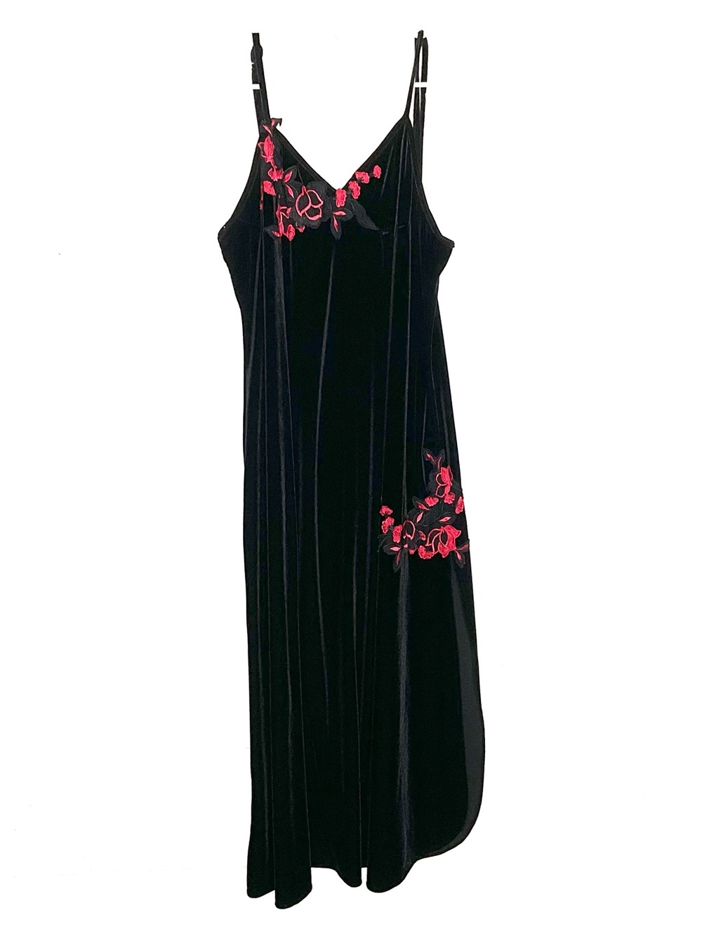 < Vintage Black Velvet Slip Dress With Red Floral Detail >